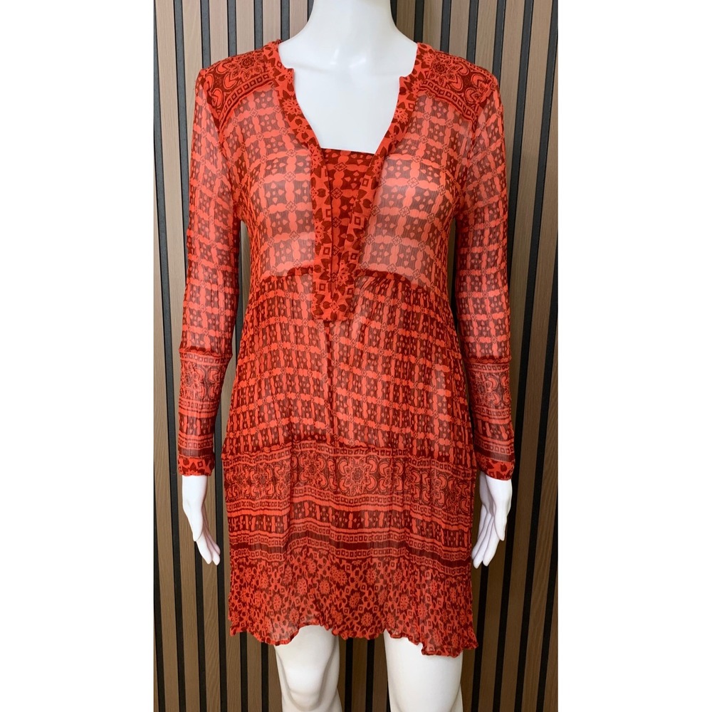 Maeve Anthropologie Red Medallion Print Sheer Tunic Dress Long Sleeve Size 6